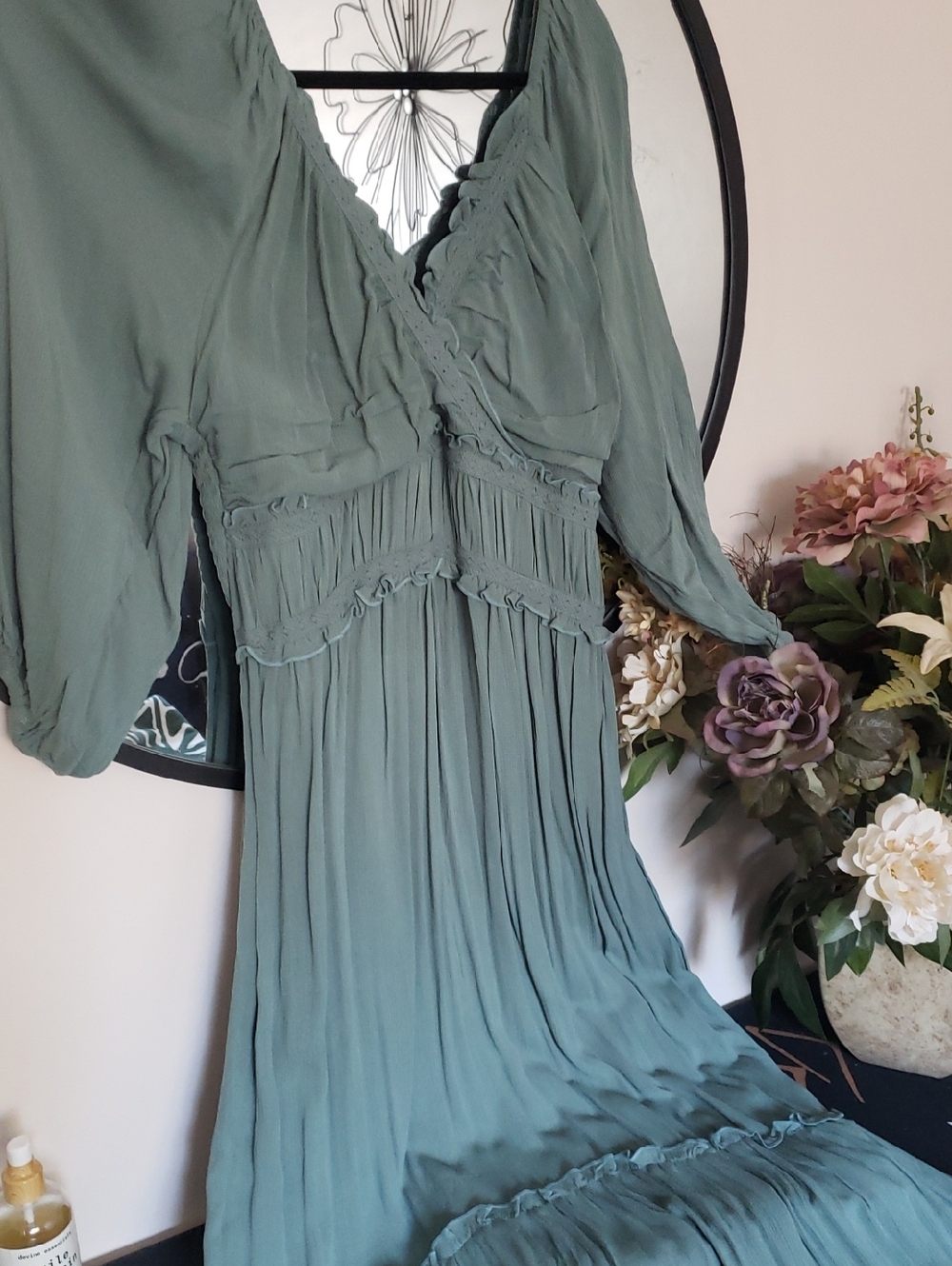 Boho V-Neck Long Sleeve Maxi Dress in Sage Green